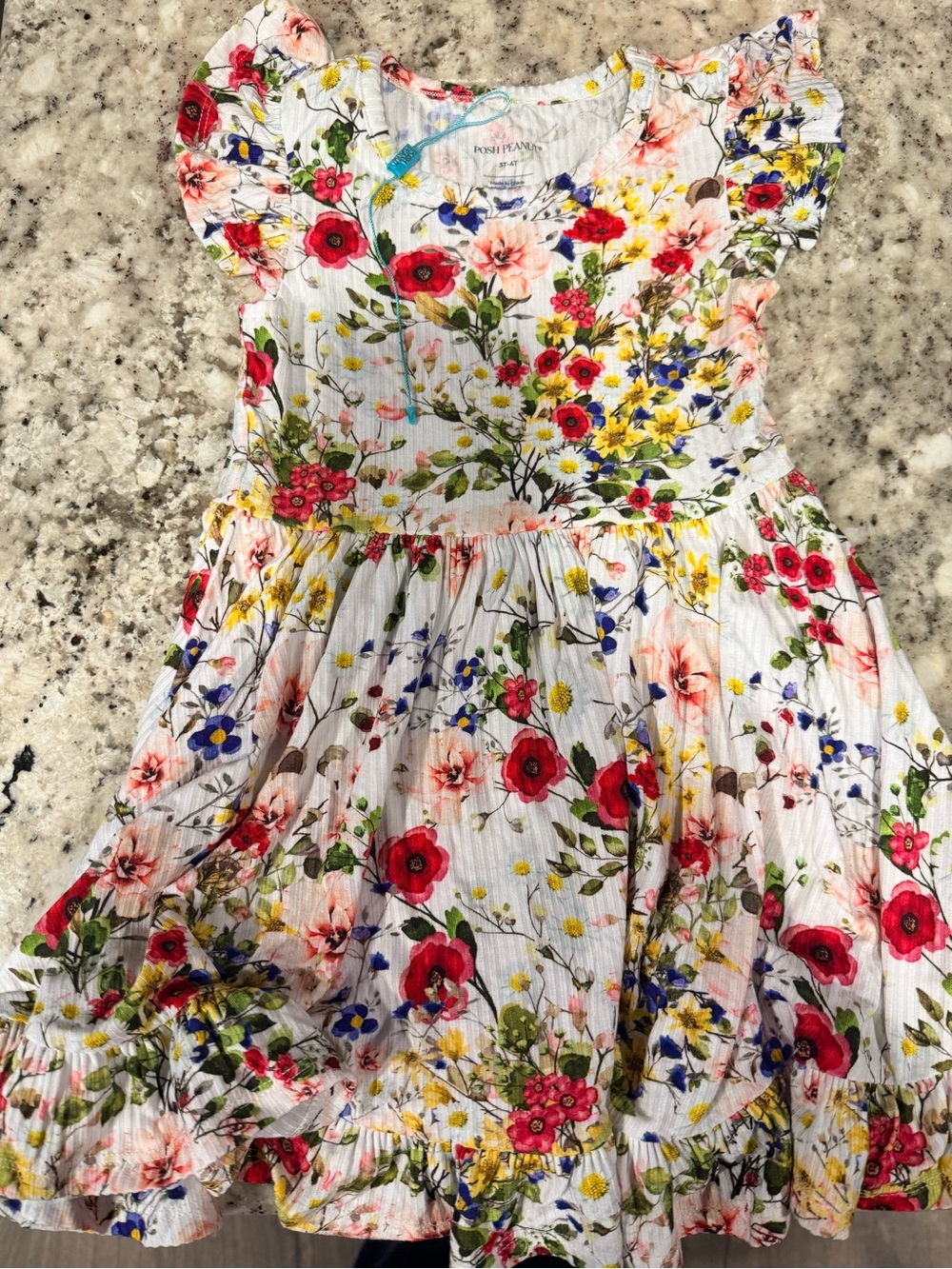 Posh Peanut White Floral Flutter-Sleeve Dress with Red, Pink & Yellow Accents